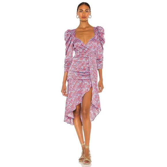 For Love & Lemons Charlie Midi Dress Blossom Pink Puff Sleeve